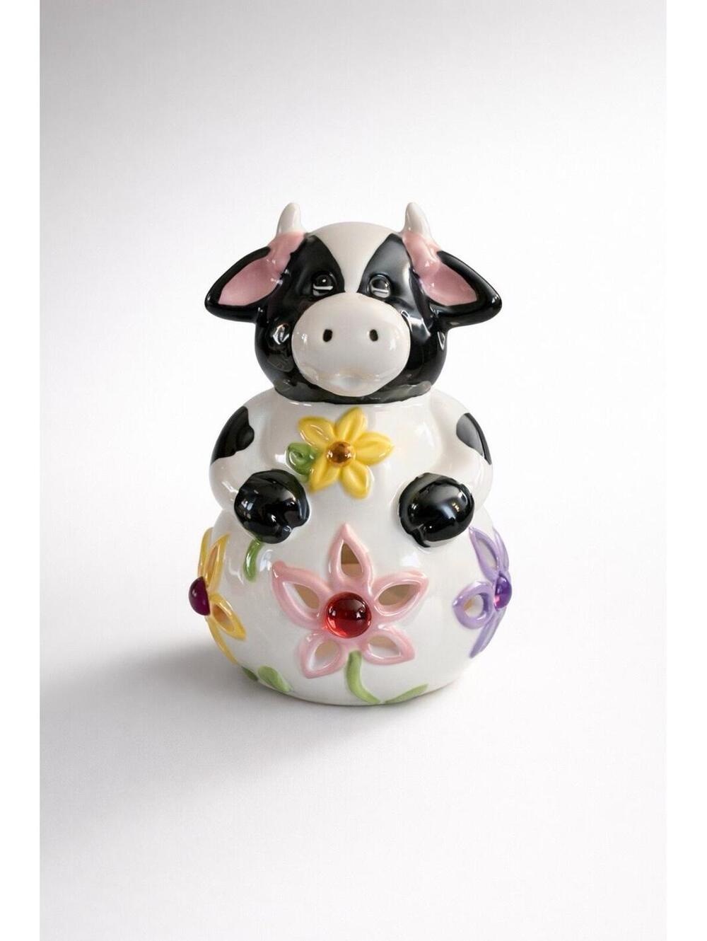 Ceramic Cow Tea Light Holder with Floral Design